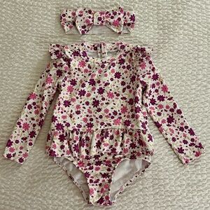 Floral Long Sleeve Swimsuit with Headband